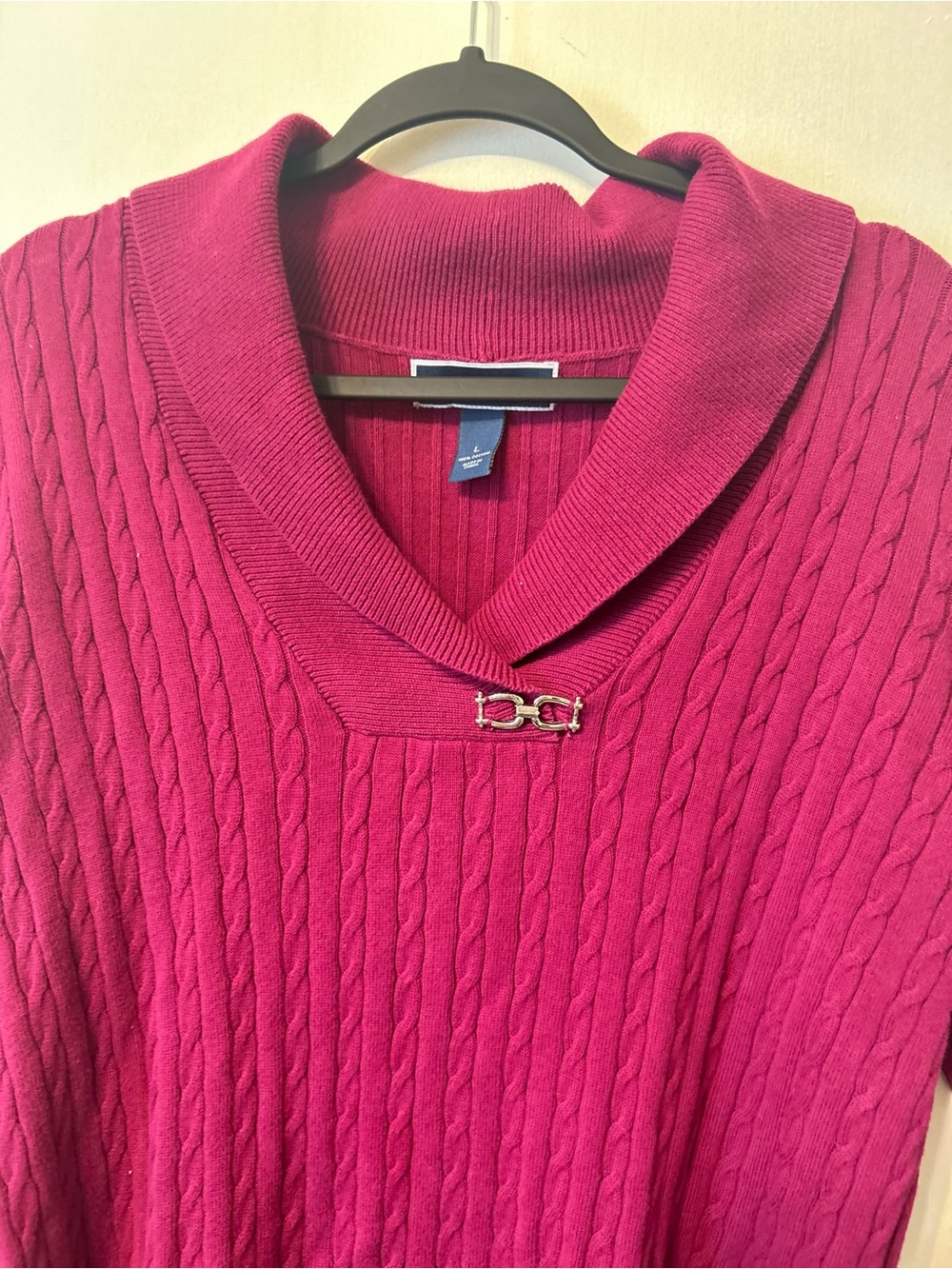 Karen Scott Magenta Cotton Cable Knit Sweater Shawl Neck Size Large - Picture 4 of 8